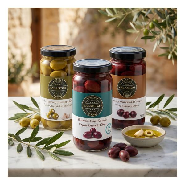 Traditional Greek olives in natural brine packaged in glass jars for optimal freshness